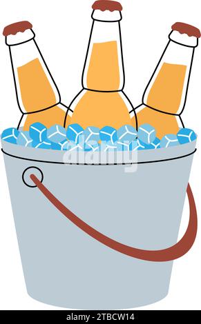Beer bottles in a ice bucket. Beer pub product. Brewing process, brewery factory production element. Vector illustration. Stock Vector
