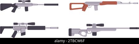 Set of sniper rifles. Military weapons silhouettes. Various modern weapons. Vector illustration. Stock Vector