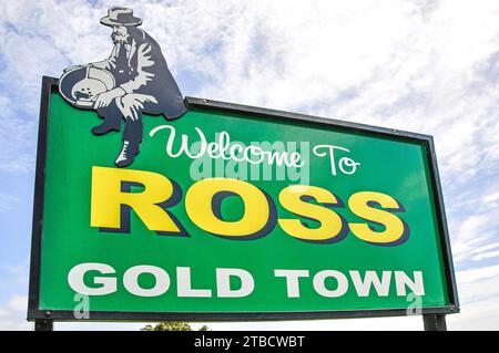 Welcome to Ross 'Gold Town' sign, Ross, West Coast, South Island, New Zealand Stock Photo