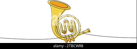 French horn one line colored continuous drawing. Musical instruments continuous one line illustration. Vector minimalist linear illustration Stock Vector