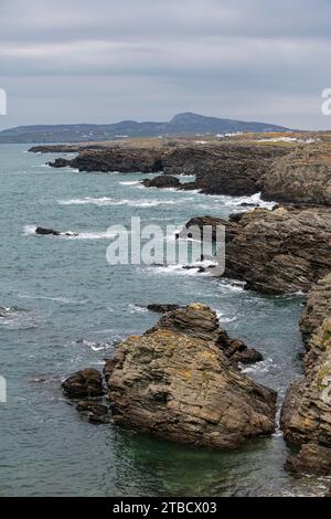 Rugged coastline between Rhoscolyn and Trearrdur Bay on the west side of Ynys Mon (Anglesey), North Wales. Stock Photo