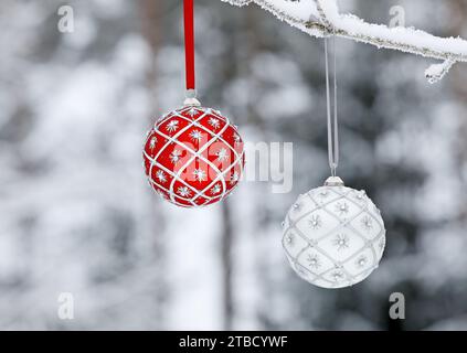 Red and silver colored Christmas ball hangs on a snowy branch Stock Photo