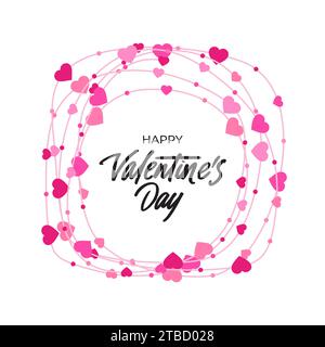 Abstract frame of hearts on line with pink petal heart shape particles. Valentine card with romantic love lettering. Happy valentines day text template. Website banner February holiday loves poster Stock Vector