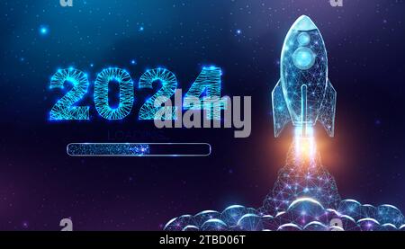 Rocket launch, wireframe polygonal style. 2024 loading start concept with glowing low poly rocket. Futuristic modern abstract background. Vector Stock Vector
