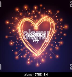 Heart shape golden fireworks lights, glow salute effect, explosion magic shine sparkles. Valentine romantic love greeting card neon fire glitter decor design element. Happy valentines day poster Stock Vector