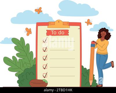 to do list, time management. Girl is standing near large to do list with pencil. Plan fulfilled Stock Vector