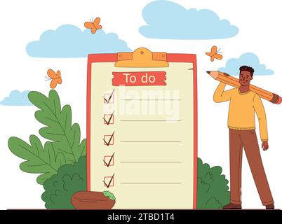 to do list, time management. Man is standing near large to do list with pencil. Plan fulfilled Stock Vector