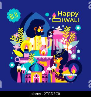 Get into the Diwali celebration with this modern illustration! A cheerful Indian couple, a sea of lights and an elephant create a festive atmosphere Stock Vector