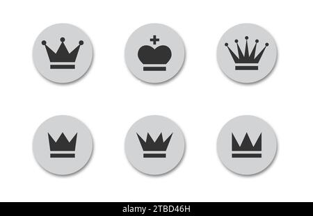 Crown icon set. Black crowns on a grey round buttons with shadows under it. Flat vector illustration Stock Vector