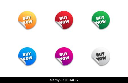 Buy Now icons set. Round colorful sticker with offer message. Flat vector illustration Stock Vector