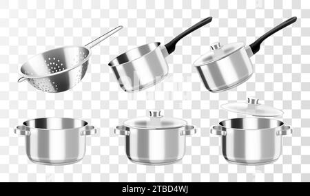 Kitchenware, vector cooking set. Cookware pots or saucepan, and stew pan with lids, ladle and metallic colander for cooking. Isolated on transparent b Stock Vector