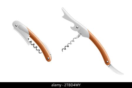 Multipurpose knife. Opened sommeliers knife with corkscrew and bottle opener, waiter's knife professional, isolated on white background. Knife for ope Stock Vector