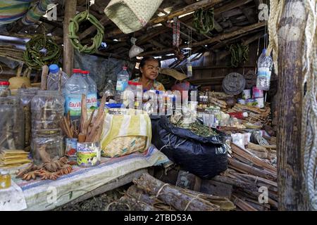 Herbal pharmacy at the market, market stall, old woman, Morandava, Madagascar Stock Photo