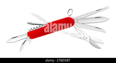 Swiss Army knife or pocket knife isolated on white background. This cutting tool is using the large blade for cutting food, slicing paper, carving woo Stock Vector