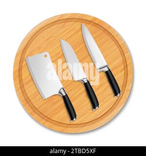 Sharp kitchen knives on wooden cutting board. Isolated on white background. A knife for cutting vegetables, meat, an ax on a round wooden tray. Realis Stock Vector