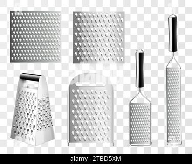 Set with different kitchen graters isolated on transparent background, Banner design. Shiny metal new graters close-up. food stainless grater. Realist Stock Vector