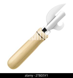 Vintage can opener with the wooden handle isolated on a white background. Handle Tin Jar Bottle Opener Side Cut Can Opener Hand. Realistic 3d vector i Stock Vector