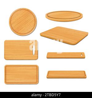 Wooden pizza and cutting boards top or front view. Trays of round and rectangular shapes, natural, eco-friendly kitchen utensils made of wood isolated Stock Vector