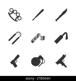 Street weapon icons set. Knife symbol. Gun icon. Peper spray. Flat vector illustration Stock Vector