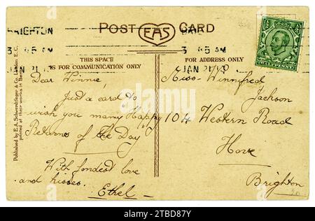 Reverse of early 1900's pre WW1 greetings postcard. (green half penny King Edward VII stamp)Postcard dated / posted 21 Jan 1913 Stock Photo