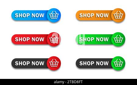 Shop now button with shopping cart. Online shopping banner set. Flat vector illustration Stock Vector