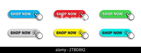 Shop now button with hand cursor. Flat vector illustration Stock Vector