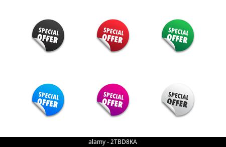 Special offer stickers set. Colorful round buttons with folded edges, lettering and shadows. Flat vector illustration Stock Vector