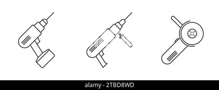 Electric drill icon. Angle grinder icon. Screwdriver linear design. Cordless drill. Vector illustration Stock Vector