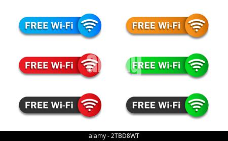 Free WiFi banners set. Colorful badges with lettering and wi-fi symbol. Flat vector illustration Stock Vector