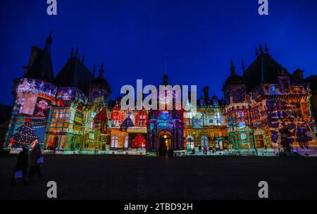 Waddesdon Manor Buckinghamshire, UK. 6th Dec, 2023. A brand-new light projections on the Manor façade inspired by three classic tales.Alice in Wonderland, Snow Queen's kingdom and Peter Pan in Neverland.Till 1st January 2024 Credit: Paul Quezada-Neiman/Alamy Live News Stock Photo