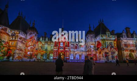 Waddesdon Manor Buckinghamshire, UK. 6th Dec, 2023. A brand-new light projections on the Manor façade inspired by three classic tales.Alice in Wonderland, Snow Queen's kingdom and Peter Pan in Neverland.Till 1st January 2024 Credit: Paul Quezada-Neiman/Alamy Live News Stock Photo