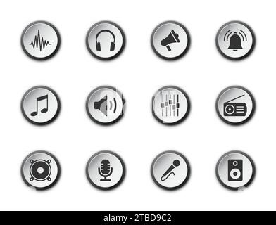 Music related symbols, such as: microphone, speaker, headphones, megaphone, music note, and etc. Flat vector illustration Stock Vector