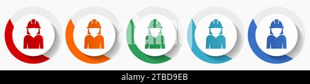 Engineer, worker, manager, employe vector icon set, flat icons in 5 color options for logo design, webdesign and mobile applications, colorful round b Stock Vector