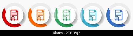 Certificate, diploma, achievement vector icon set, flat icons in 5 color options for logo design, webdesign and mobile applications, colorful round bu Stock Vector