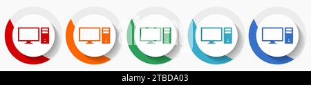 Computer, monitor, screen, pc vector icon set, flat icons in 5 color options for logo design, webdesign and mobile applications, colorful round button Stock Vector