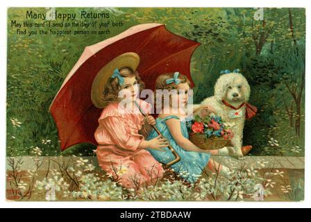 Original, charming, Edwardian era birthday greetings postcard of 2 children under a parasol with a poodle, sitting on a wall The poodle has a letter on her collar, the girl in blue holds a pretty basket of flowers. Postcard dated 21 June 1908, U.K. Stock Photo