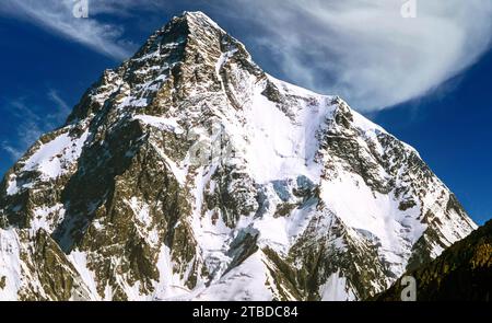 K2, at 8,611 metres above sea level, is the second-highest mountain on Earth, after Mount Everest at 8,849 metres Stock Photo