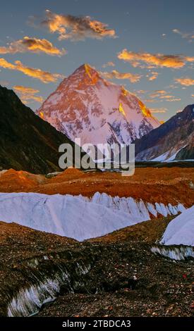 Beauty of the K2 summit, 8,611 m above sea level, the second highest mountain on the earth during sunset Stock Photo