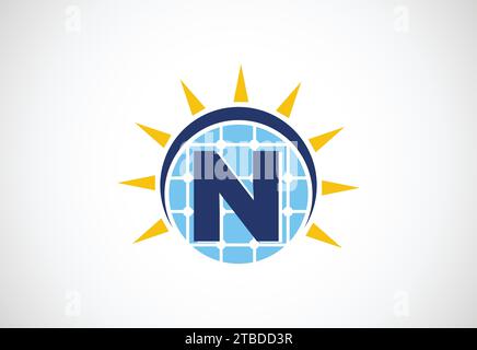 English alphabet with solar panel and sun sign. Sun solar energy logo vector illustration Stock Vector