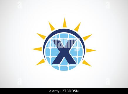 English alphabet with solar panel and sun sign. Sun solar energy logo vector illustration Stock Vector