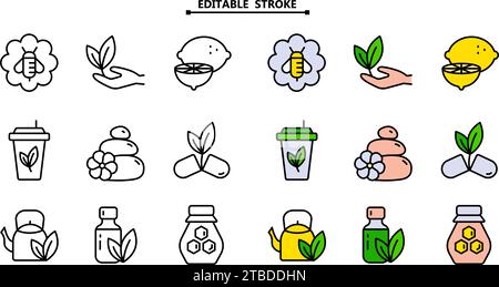 Naturopathy Therapy Vector Color Icons Set. Editable stroke. Naturopathy Medication Pictograms. Natural Ingredients, Alternative Medicine Illustration Stock Vector