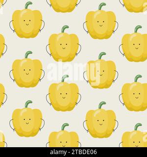 Vector Seamless Pattern with Cute Cartoon Funny Peppers. Children Healthy Nutrition Concept. Baby Vegetable Characters. Stock Vector