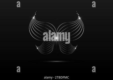 Silver butterfly linear wavy abstract on a black background. Angel wings. Vector graphics Stock Vector