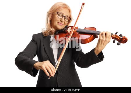 Woman in a black suit playing a violin isolated on white background Stock Photo