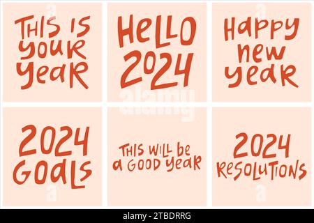 Set of hand-drawn quotes about New 2024 Year. Illustrations for posters, greeting cards, etc. Stock Vector