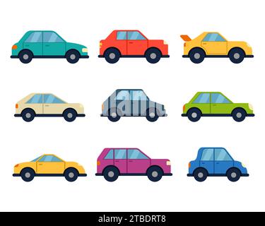 Different models cars set in flat style side view. Vehicle collection. Car silhouettes. Transportation symbol. Vector illustration Stock Vector
