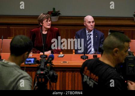 Karolinska Institute in Sweden. December 6, 2023: Winners of the 2023 Nobel Prize for Physiology and Medicine, KATALIN KARIKO and DREW WEISSMAN, at a press conference at the Nobel Forum at the Karolinska Institute in Sweden. The two were awarded the Nobel Prize for their discoveries about how RNA interacts with the immune system. Their work made possible development of the Covid-19 vaccine. Credit: ZUMA Press, Inc./Alamy Live News Stock Photo