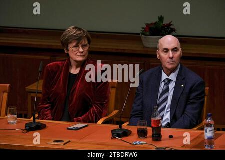 Karolinska Institute in Sweden. December 6, 2023: Winners of the 2023 Nobel Prize for Physiology and Medicine, KATALIN KARIKO and DREW WEISSMAN, at a press conference at the Nobel Forum at the Karolinska Institute in Sweden. The two were awarded the Nobel Prize for their discoveries about how RNA interacts with the immune system. Their work made possible development of the Covid-19 vaccine. Credit: ZUMA Press, Inc./Alamy Live News Stock Photo