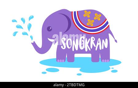 Vector logo for Songkran festival in Thailand with elephant on isolated background in kawaii style. Emblem for Songkran water festival. Stock Vector
