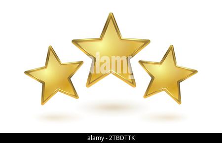 Vector icons of three golden stars on white background. Achievements for games or customer rating feedback of website. Vector illustration of metallic Stock Vector